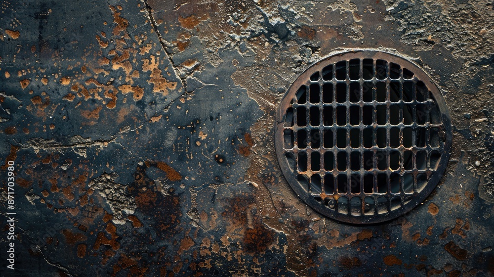 View from above of iron grid cover on sewer with space for text View from above of iron grid cover on sewer with space for text