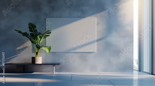 Minimalist interior design of room with decorative plastered wall and blank board on wall in natural light from panoramic window.