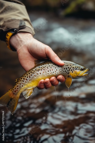 A person is holding a fish in their hand. The fish is brown and has a lot of spots photo