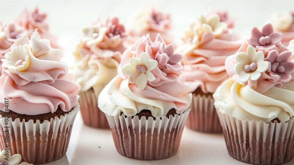 Close-up of Pink and White Cupcakes with Flowers Close-up of Pink and White Cupcakes with Flowers