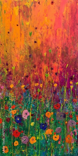 A painting of a field of flowers with a bright orange background. The flowers are in various colors and are scattered throughout the painting