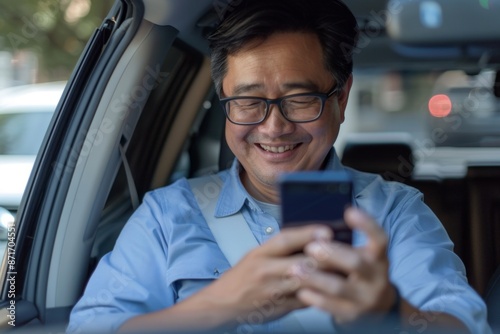 Wallpaper Mural Happy man sitting in a car using a smartphone. Casual style, example of everyday technology use. Perfect for illustrating themes of connectivity, communication, and urban life. Generative AI Torontodigital.ca