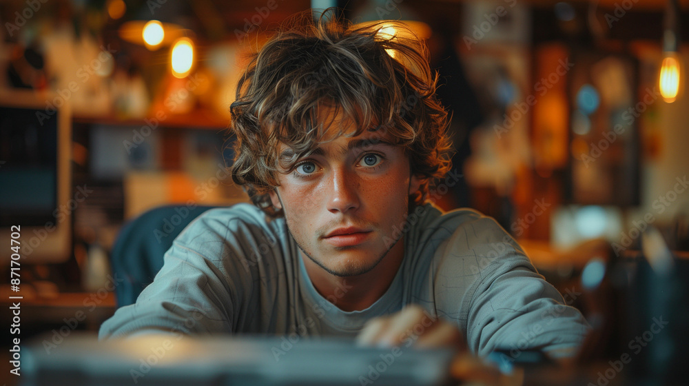 Young man sitting at a table in a restaurant. Generative AI Young man sitting at a table in a restaurant. Generative AI