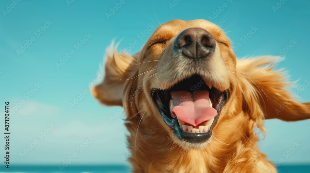 Fototapeta premium A dog with its tongue out and a smile on its face. The dog is in a beach setting, with the ocean in the background. Scene is happy and carefree