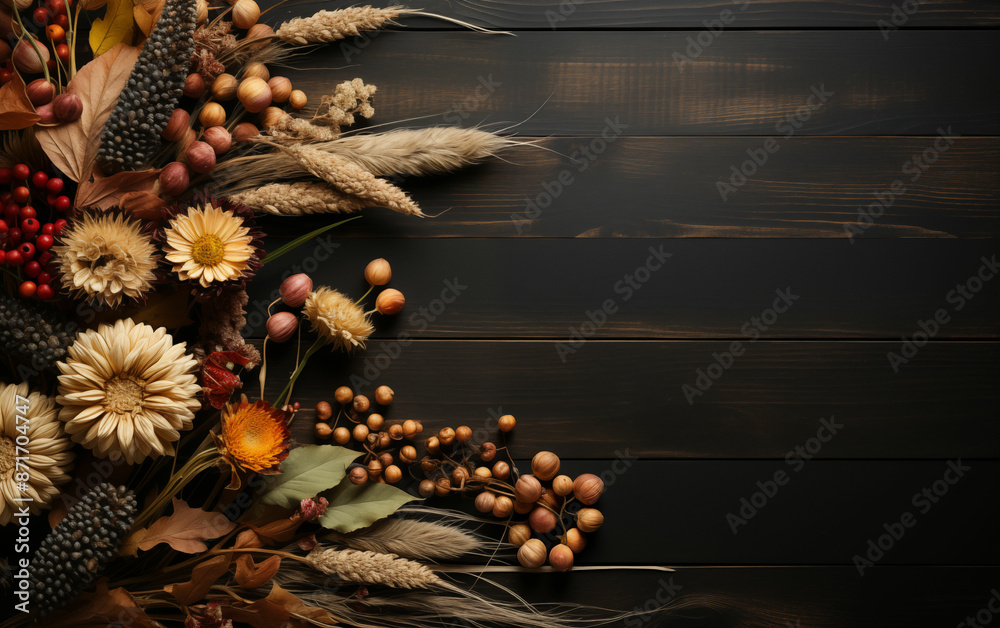 Naklejka premium Wooden table covered with various flowers. Generative AI