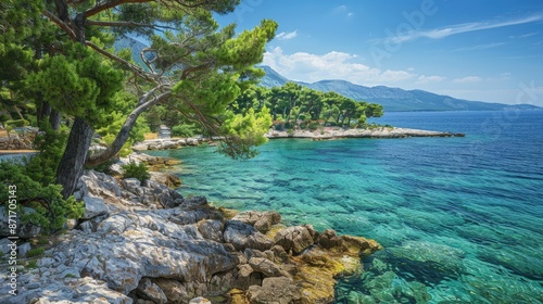 Scenic green park on rocky shore with turquoise sea view