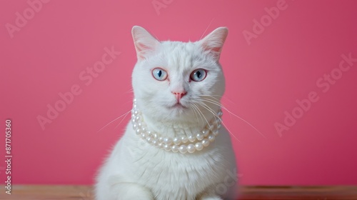 White Khao Manee cat with heterochromia wearing pearl necklace on wooden table with pink background photo