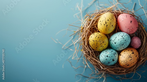 Colorful easter eggs in a nest on blue background
