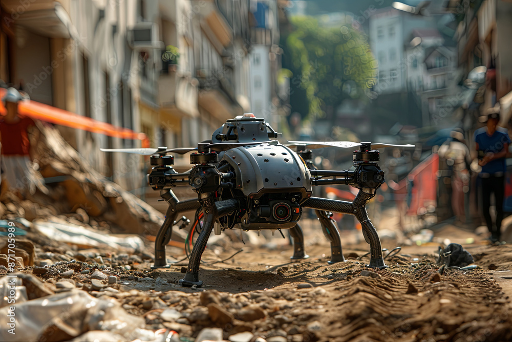 Drone stands on the ground on a city street in the rubble after an earthquake. Technologies in the search for people after a natural disaster Drone stands on the ground on a city street in the rubble after an earthquake. Technologies in the search for people after a natural disaster