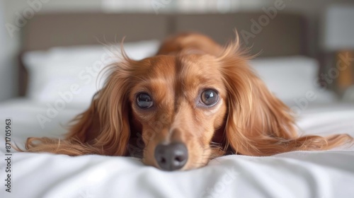 Red and white long haired dachshund lying on bed with a shy expression