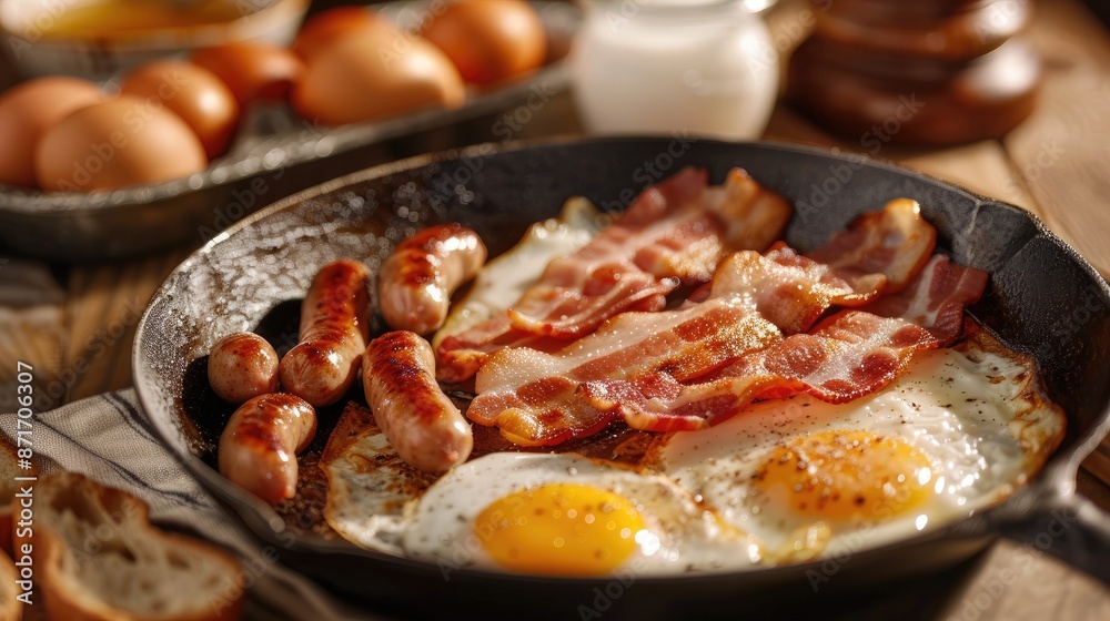 Rustic country breakfast with eggs, bacon, sausages, and a pot of coffee Rustic country breakfast with eggs, bacon, sausages, and a pot of coffee