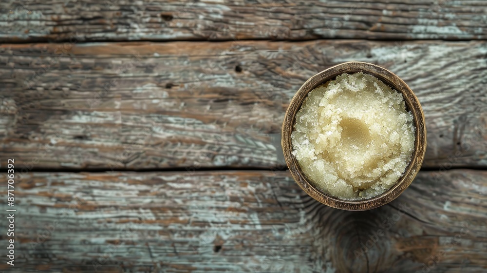 Top view of a container with natural scrub on wooden surface Top view of a container with natural scrub on wooden surface
