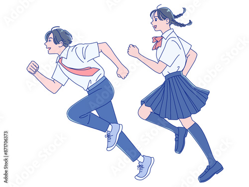 笑顔で走り出す男女の学生