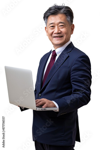 Portrait of senior executive businessman happy smiling and standing posing holding using laptop computer, Wear a blue suit and red tie, isolated on white background, png