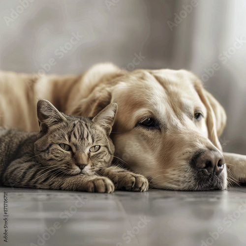 Wallpaper Mural Portrait of two pets, cat and dog are lying together Torontodigital.ca