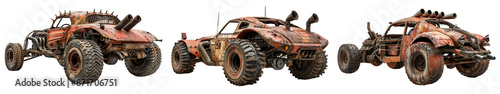Set of three-quarter back view of an old post-apocalyptic buggye cars with a metal parts isolated on the transparent background