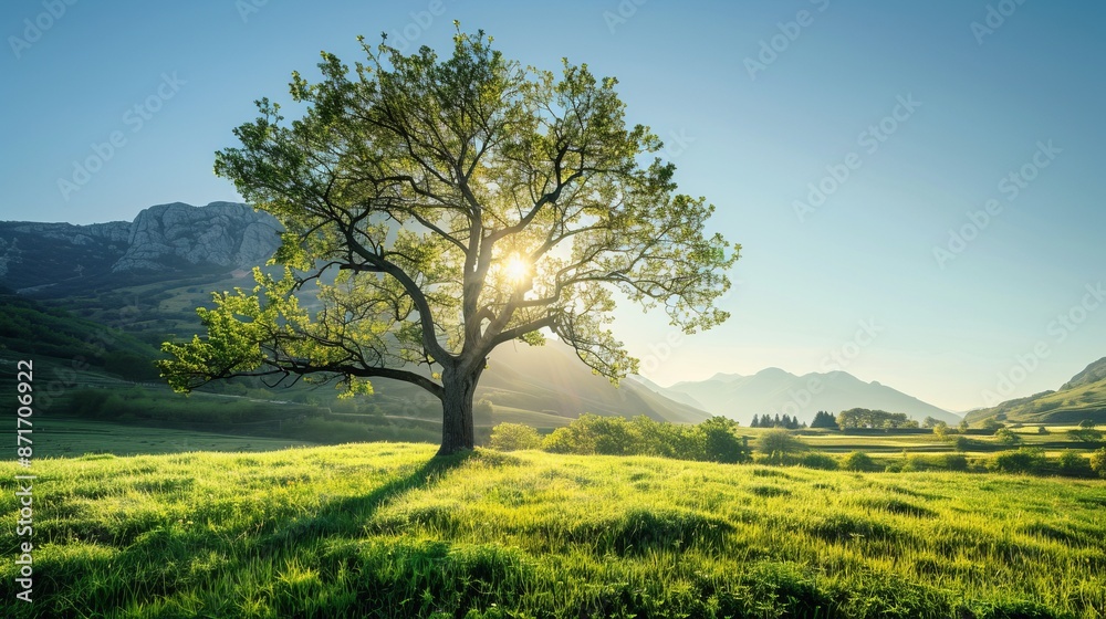 Serene Landscape with Lone Tree and Sunlit Mountains. Tranquil scene with solitary tree and sun shining through branches. Majestic natural beauty in the countryside setting. AI Serene Landscape with Lone Tree and Sunlit Mountains. Tranquil scene with solitary tree and sun shining through branches. Majestic natural beauty in the countryside setting. AI