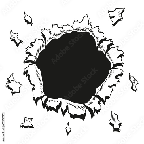 Obraz na płótnie Comic book hole in coloring style. Vector paper is torn through boom explosion. Circle hole in the middle on color background. Comic style cover template or flyer wallpapers w salonie