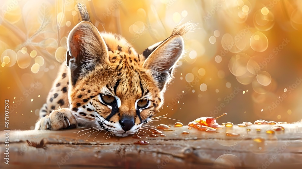 Serval Carefully Grooms Face After Sweet Jam Snack in Nature Serval Carefully Grooms Face After Sweet Jam Snack in Nature