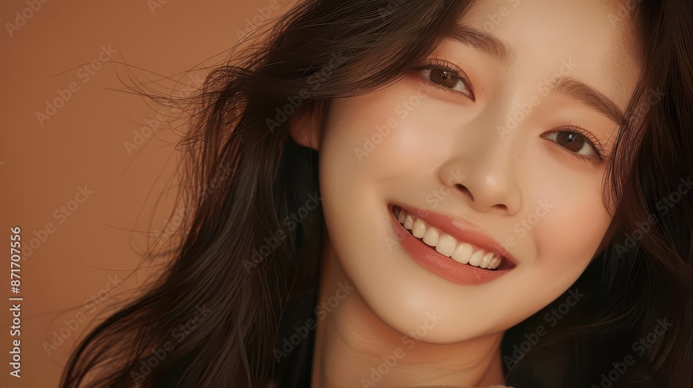 korean beauty influencer long flowing hair warm smile neutral makeup earthy brown background fashionforward look