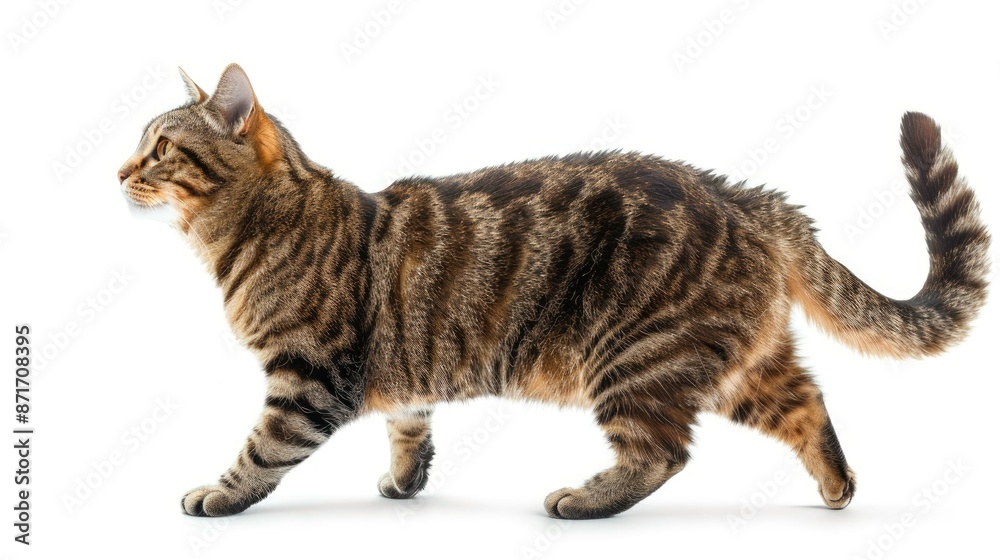 Fototapeta premium Striped cat with curious expression walking and looking up in profile on white background