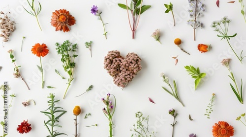 Vintage flat lay with dry flowers herbs and heart on white background Overhead view