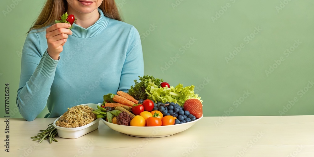 Woman Eating Healthy Food on a Green Background Woman Eating Healthy Food on a Green Background
