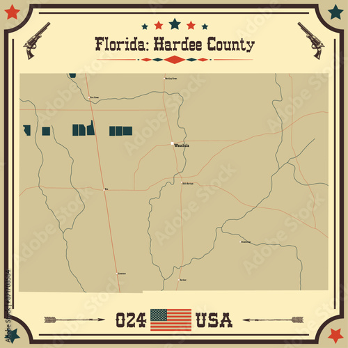 Large and accurate map of Hardee County, Florida, USA with vintage colors. photo