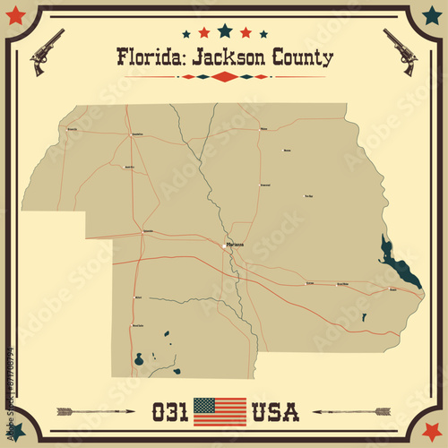 Large and accurate map of Jackson County, Florida, USA with vintage colors.
