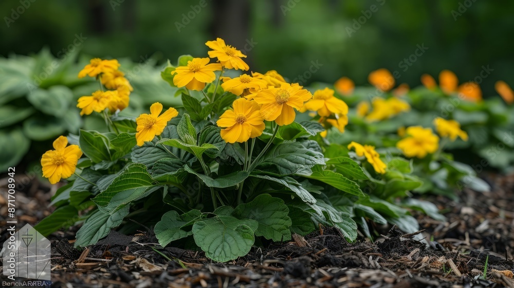 Bright yellow flowers blooming in a garden bed Bright yellow flowers blooming in a garden bed