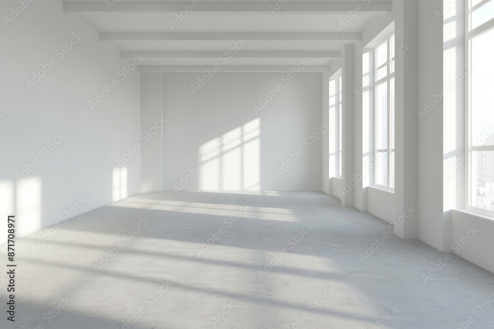 White empty room with windows and concrete floor. White empty room with windows and concrete floor.