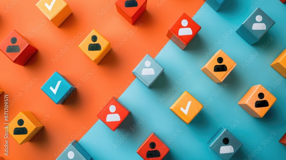 Workplace Compliance and Performance Assessment with Checkmark Blocks and Employee Icons on Simple Background