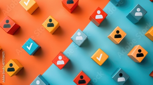 Obraz na płótnie Workplace Compliance and Performance Assessment with Checkmark Blocks and Employee Icons on Simple Background w salonie