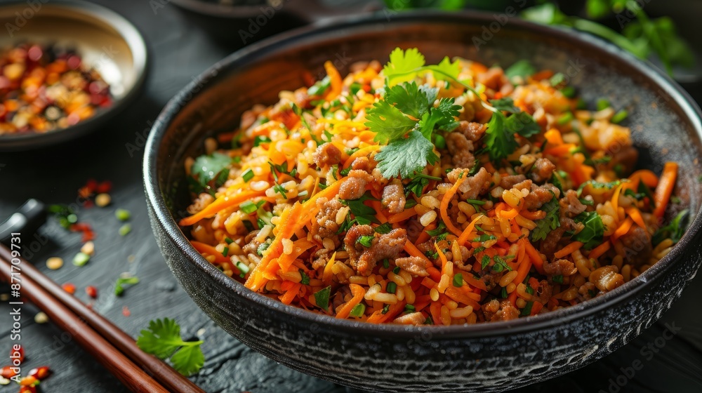 Minced pork and carrot fried rice with cilantro Minced pork and carrot fried rice with cilantro