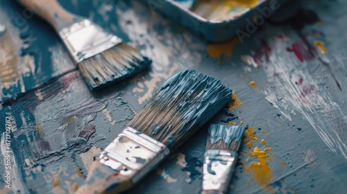 Paint and brush on tabletop Home or office renovation items on gray backdrop