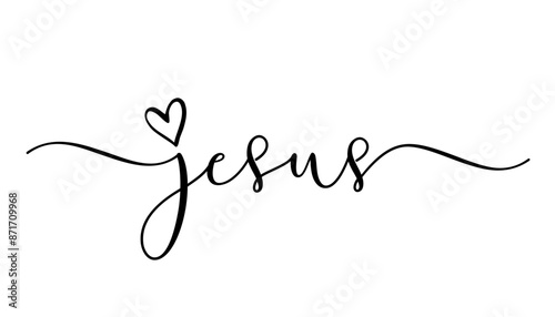 Jesus, religious elegant calligraphy with love symbol. Bible verse t-shirt design, Christian typography for sweatshirt, hoodie or gift of cup. Vector illustration
