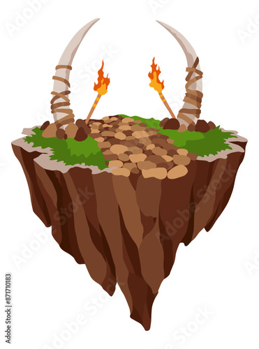 Game flying island. Flying platform of exotic nature game island. Colorful flat vector elements for fantasy computer or mobile game