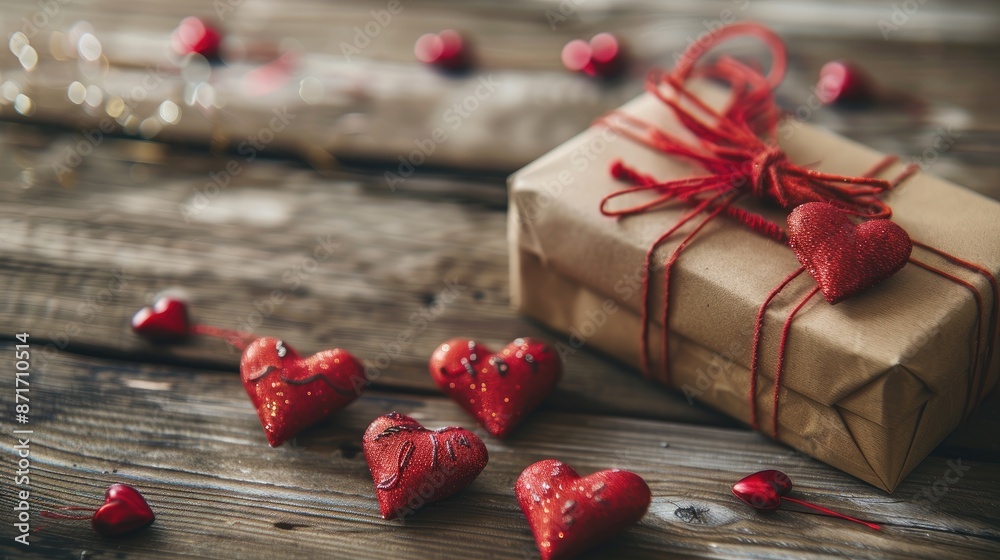 Valentine s Day decor with red hearts and gift box on wooden surface with shimmer effect Valentine s Day decor with red hearts and gift box on wooden surface with shimmer effect