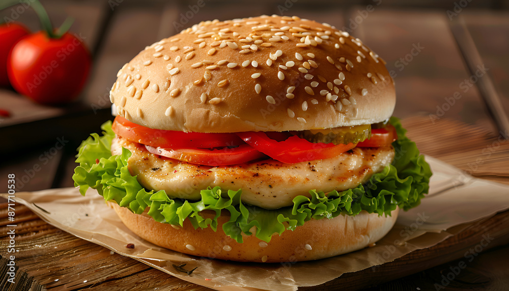 Sandwich with chicken burger, tomatoes, cheese and lettuce on wooden table Sandwich with chicken burger, tomatoes, cheese and lettuce on wooden table