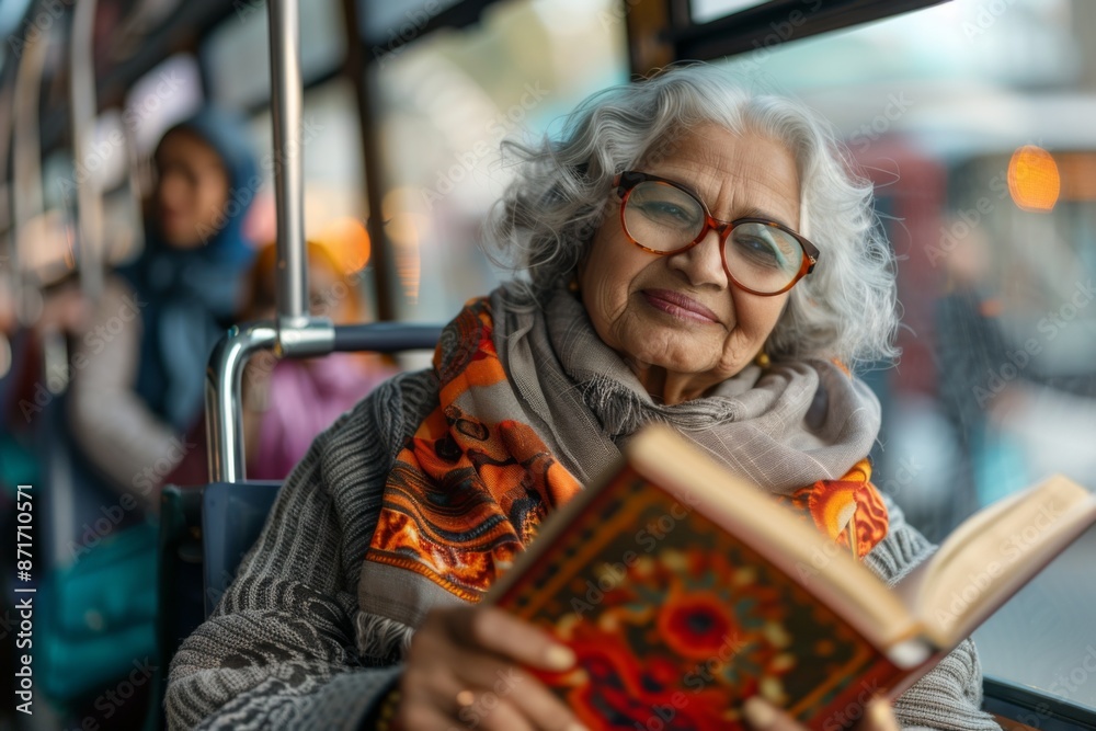 A senior Indian woman with a smiling face sitting in a bus and holding a book A senior Indian woman with a smiling face sitting in a bus and holding a book