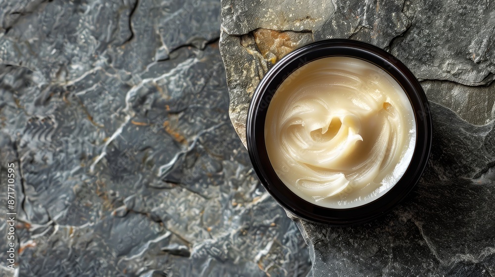 Round glass jar with aesthetic swirls face cream on stone background Round glass jar with aesthetic swirls face cream on stone background