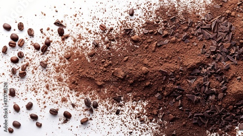 A close-up of cocoa powder, chocolate shavings, and coffee beans scattered on a white background.