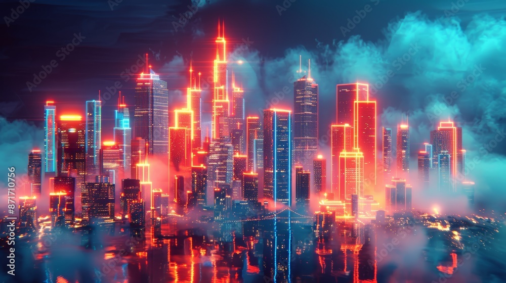 Fototapeta premium A futuristic cityscape with neon lights and glowing clouds