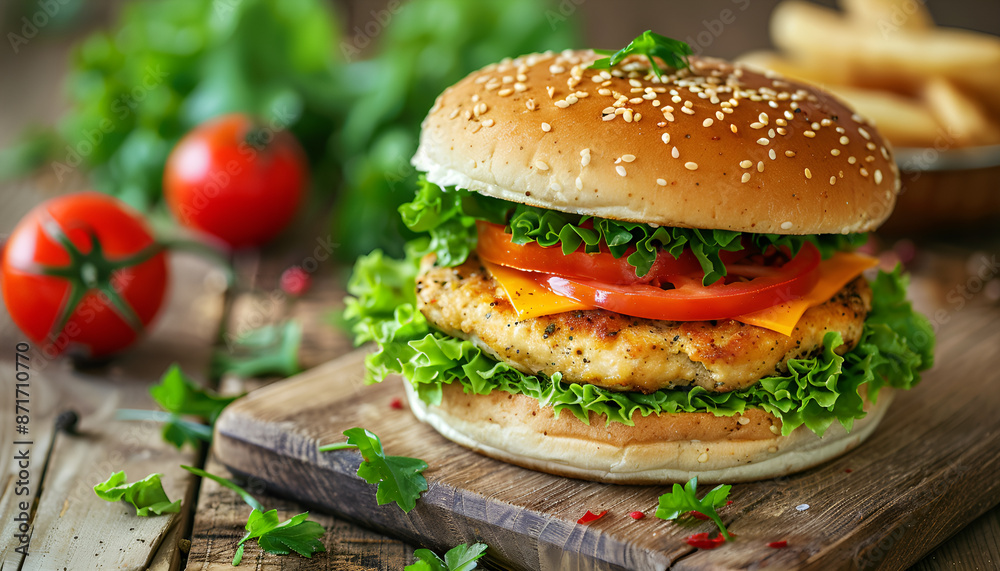 Sandwich with chicken burger, tomatoes, cheese and lettuce on wooden table Sandwich with chicken burger, tomatoes, cheese and lettuce on wooden table