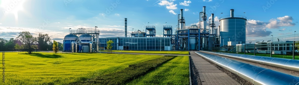 Obraz premium Industrial facility with blue sky and green grass.
