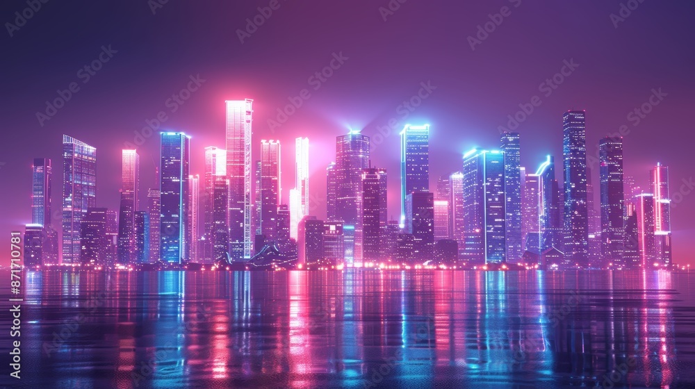 A futuristic cityscape illuminated by vibrant pink and blue neon lights reflected in the water. A futuristic cityscape illuminated by vibrant pink and blue neon lights reflected in the water.
