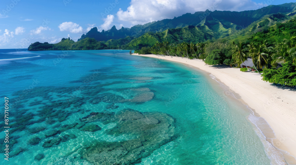 Tranquil Pacific island with white sandy beaches, clear blue wate, and lush green palm trees Tranquil Pacific island with white sandy beaches, clear blue wate, and lush green palm trees