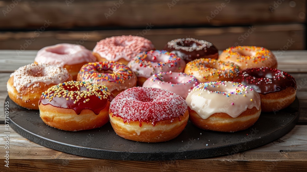 Colorful donuts on a black plate Colorful donuts on a black plate