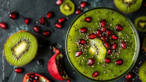 Top view of kiwi smoothie with pomegranate seeds empty space for text