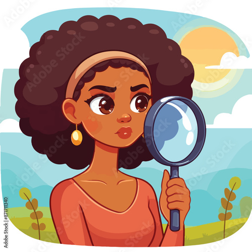 Vector image of woman holding magnifying glass in her hand